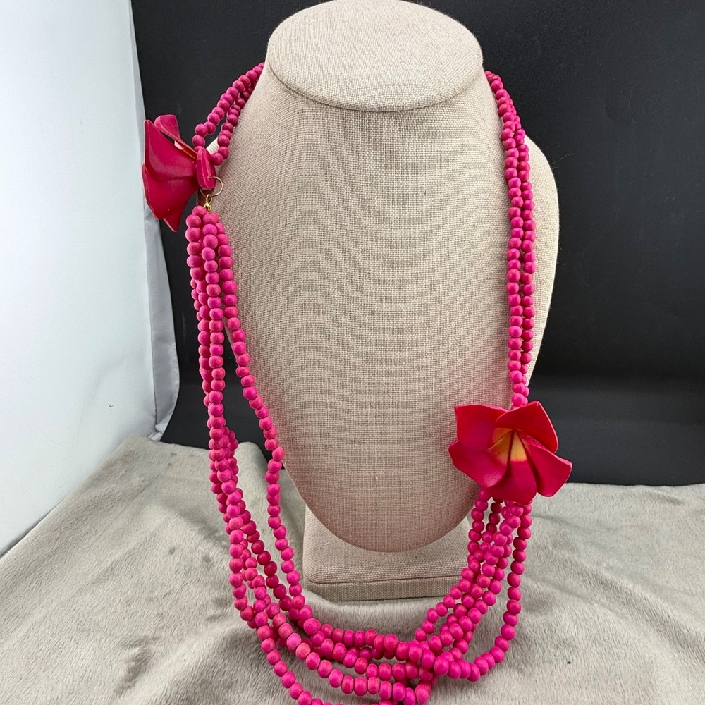 Vintage Estate Necklace Pink Wood Beaded Layered Floral Tropical 27"